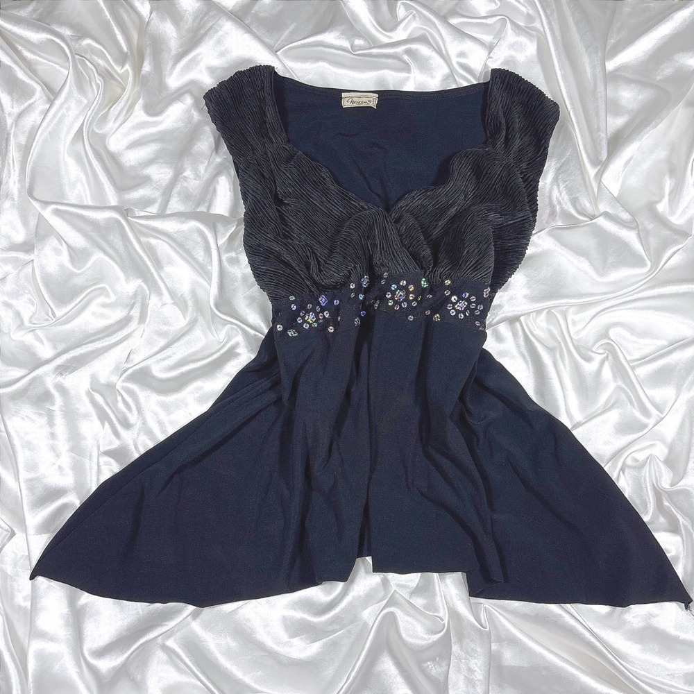 y2k Nexxen Babydoll Top Black Excellent Sequin Pleated Empire Waist Blouse